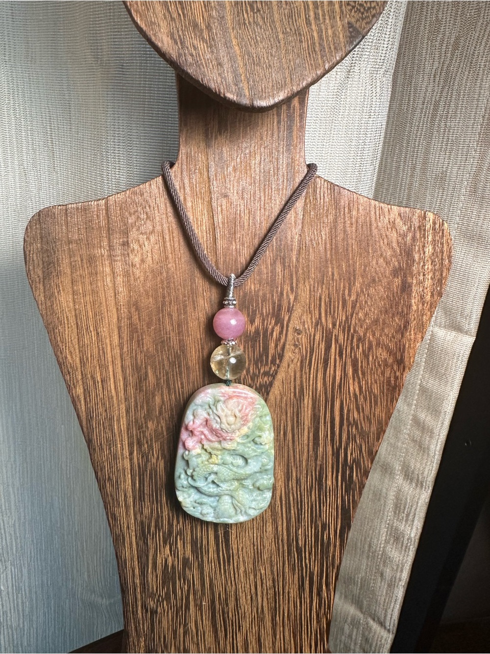 Ocean Jasper Dragon Pendant Necklace with Citrine and Rose Quartz on Brown Rope - Picture 10 of 16
